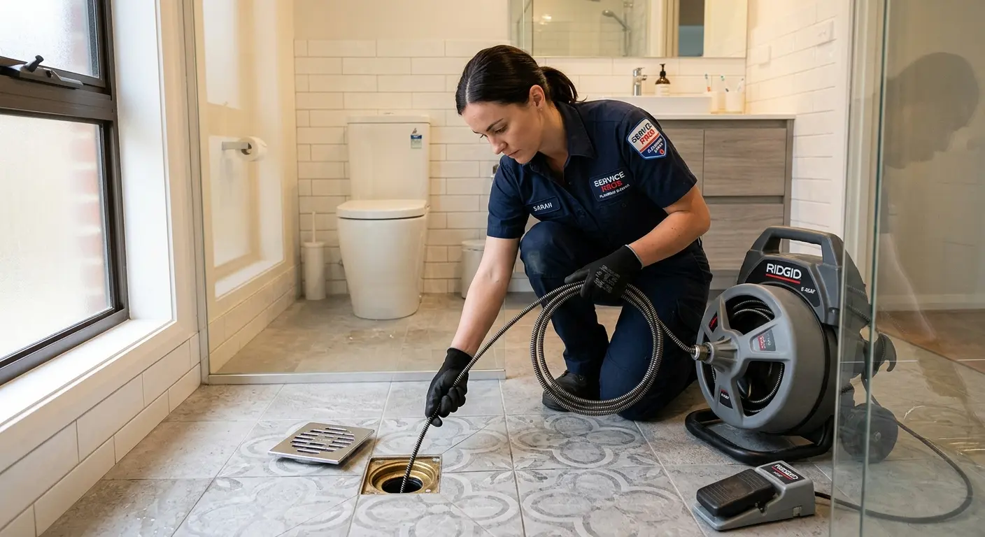 Technician clearing a bathroom floor drain for Drain Cleaning in Portage
